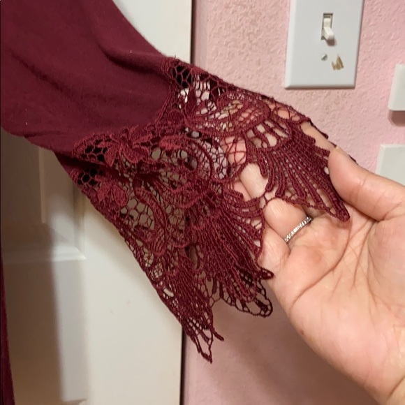 Burgundy off the shoulder lace plus size top - Picture 3 of 7